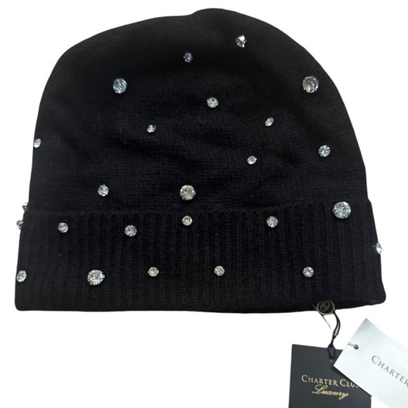 NEW Women's Charter Club Black Cashmere Embellished Beanie - Picture 2 of 3